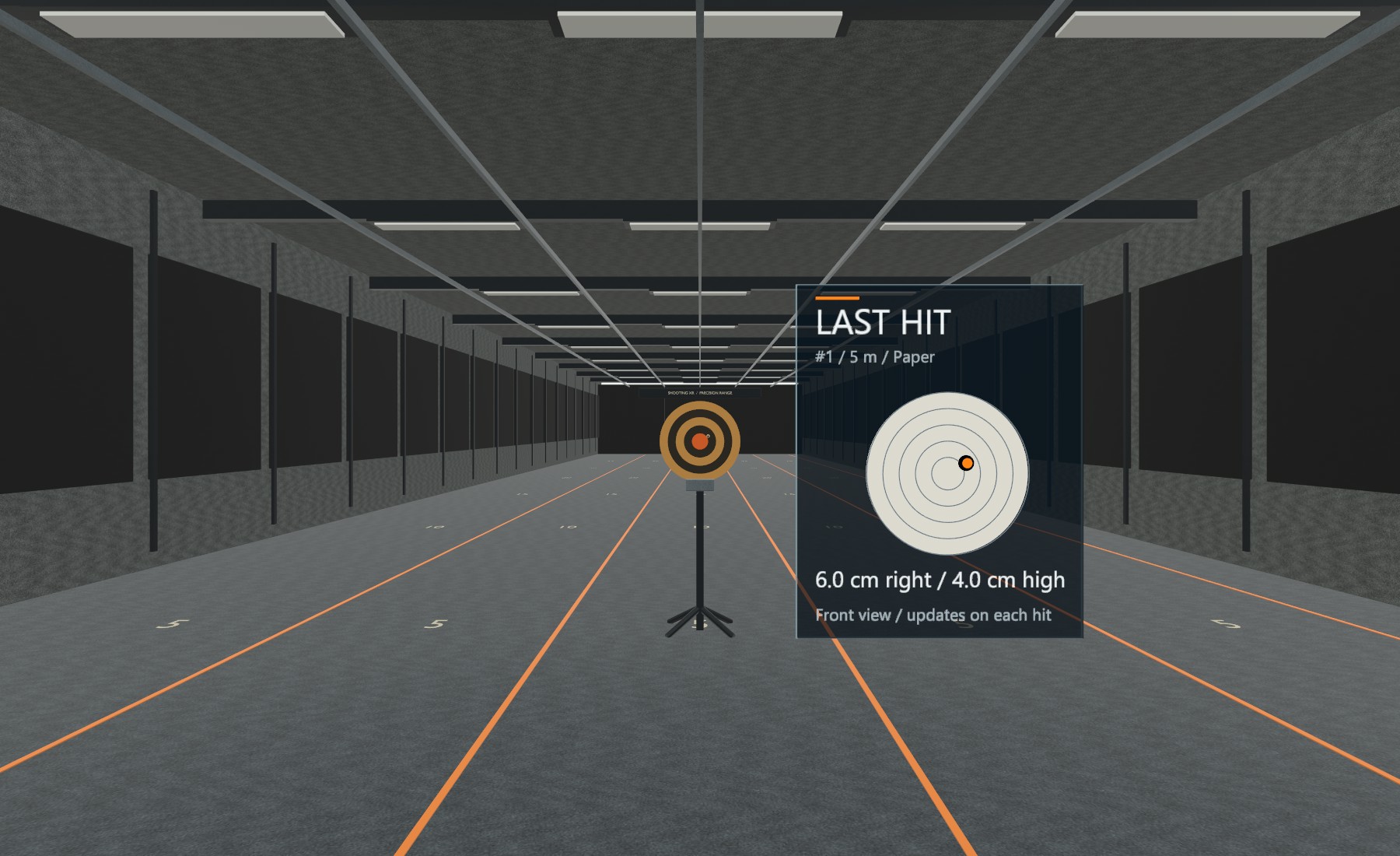 ShootingXR range with a nearby panel marking the most recent shot on a target