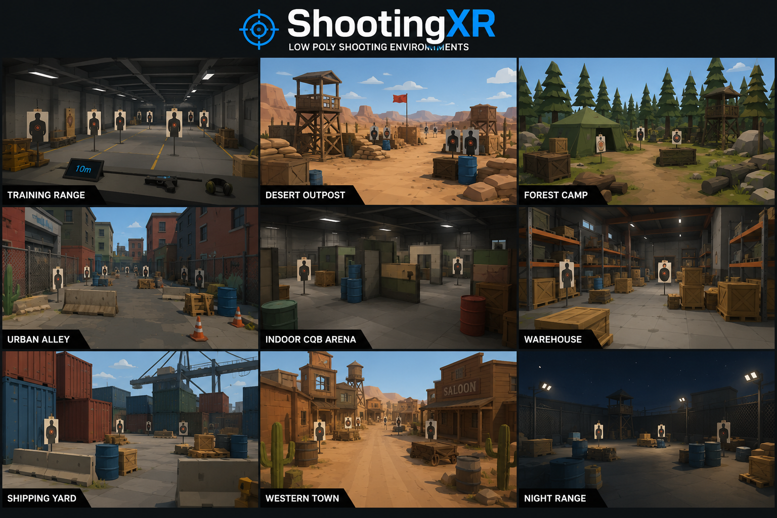ShootingXR low-poly environments including training range, desert outpost, forest camp, warehouse, and night range