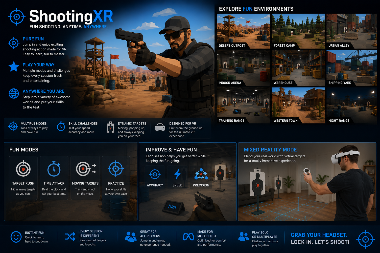 ShootingXR gameplay promo showing low-poly targets and mixed reality play on Meta Quest